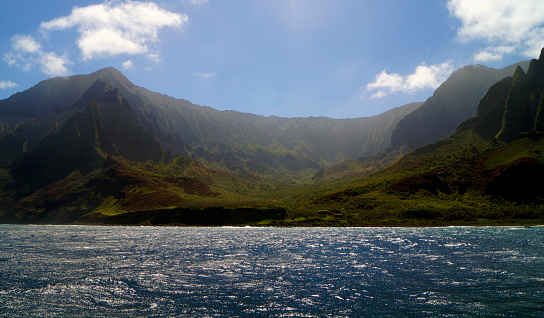 nā pali coast state wilderness park, helicopter point of view, kauai island, hawaii islands, usa.