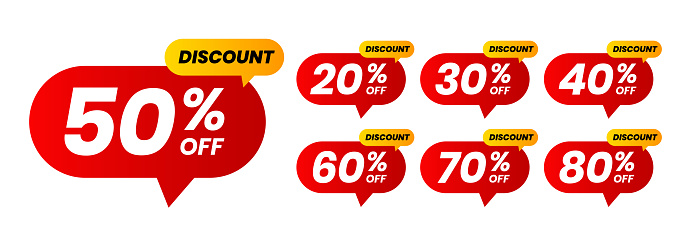 Sale discounts label starting from 20, 30, 40, 50, 60, 70, 80 percent. Trendy red sales promotion banner element. Vector illustration