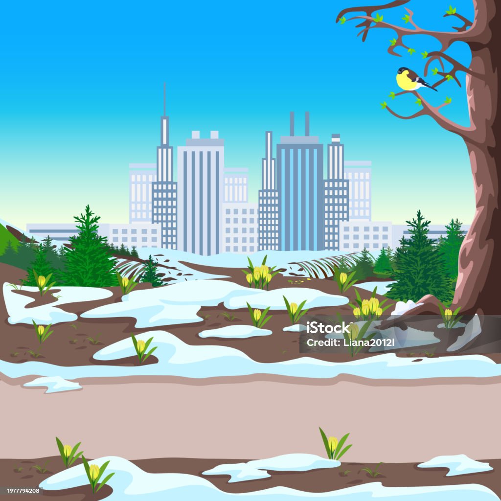 Spring In The City Spring In The City Park Stock Illustration - Download Image Now - Snow ...