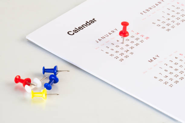 istock red push pin on calendar page 1977794762