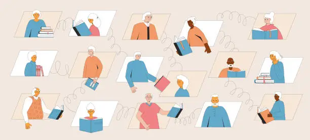 Vector illustration of Book club online community for senior citizens. Elderly people reading together. Older adults friends happy retirement leisure and social activity.