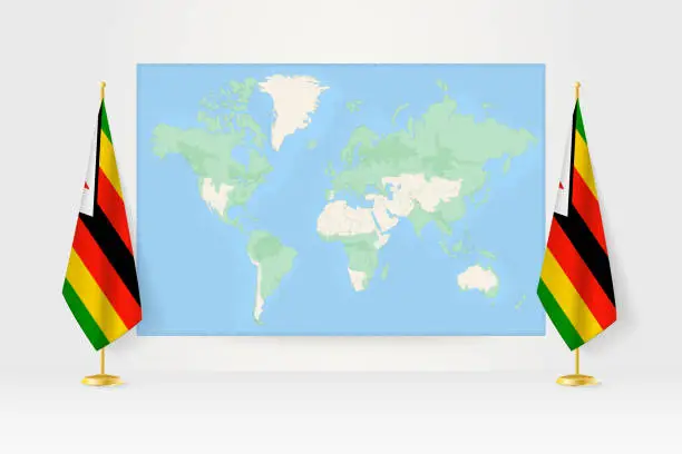 Vector illustration of World Map between two hanging flags of Zimbabwe flag stand.