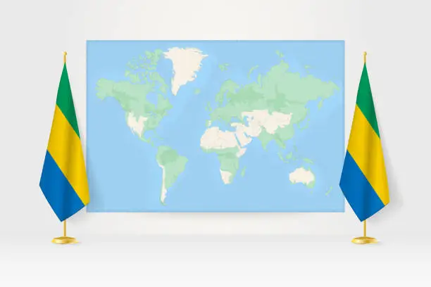 Vector illustration of World Map between two hanging flags of Gabon flag stand.