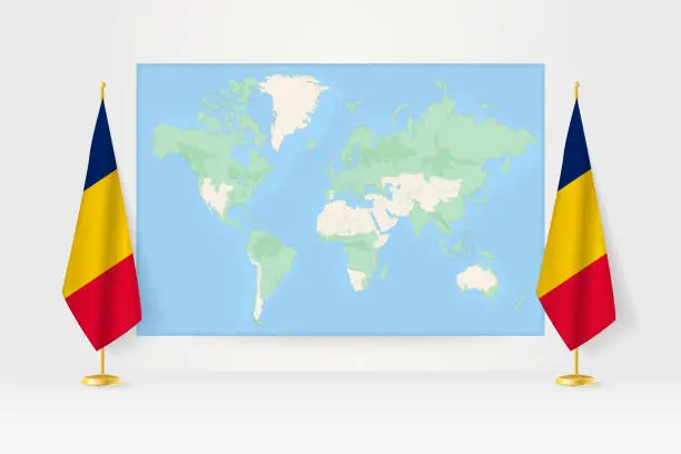 Vector illustration of World Map between two hanging flags of Chad flag stand.