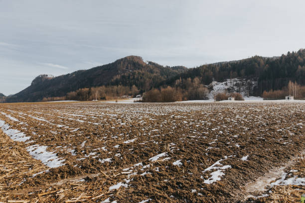 Snow-covered plowed field with distant mountains