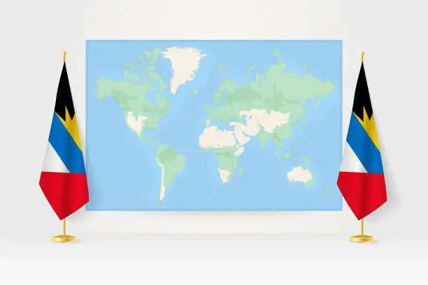 Vector illustration of World Map between two hanging flags of Antigua and Barbuda flag stand.