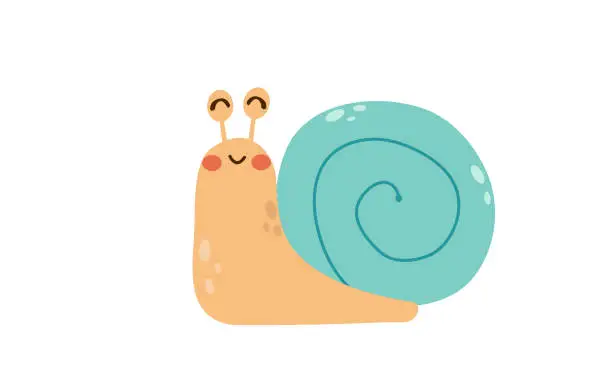 Vector illustration of Cheerful little snail isolated on white background, vector illustration , cute character cartoon flat style for various design uses,book , sticker , pattern fabric or paper prints.
