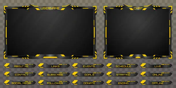 Vector illustration of Futuristic Live Stream Overlay Webcam Screen Frame and Stream Alert GUI Panels with Metallic Black and Yellow Color Borders for Gaming and Video Streaming Platforms