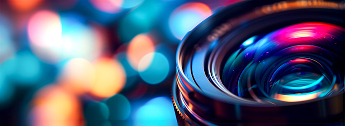 Photography camera lens. extreme close-up of the full format lens, oblique view, in front of a blurred colorful background, banner