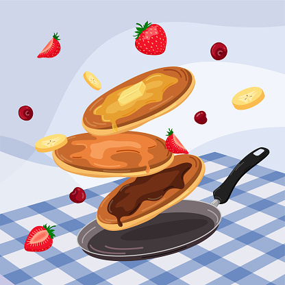 Vector banner for Pancake Day. Pancakes with syrup, melted butter and chocolate flying over the frying pan. Food illustration. Congratulation banner, card, image.