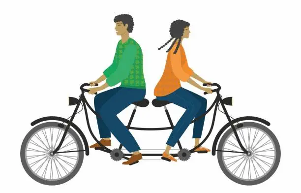 Vector illustration of Man and woman riding same bike in different directions, a metaphor of different goals, argument or disagreement. Tandem bicycle. Isolated. Vector illustration.