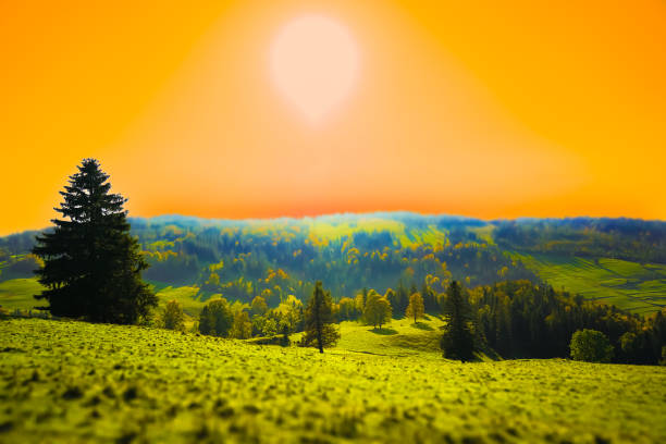 Surreal landscape of mountains with orange sky