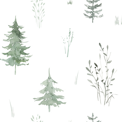Scandinavian Watercolor natural set of green trees, birch and pine, mountain ash, forest. Winter vintage collection isolated on white background. Woodland design elements.