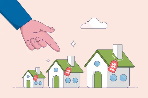 Vector illustration of Picking new home base on budget concept. Income or lifestyle. House or mortgage affordability calculation, businessman hand wisely think to picking different variant houses with price tag.