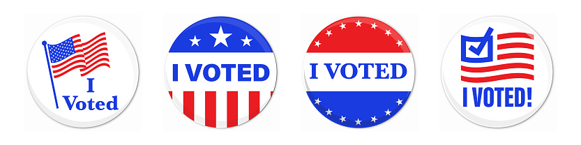 I voted stickers set with american flag. Voter badge. USA election campaign pins.