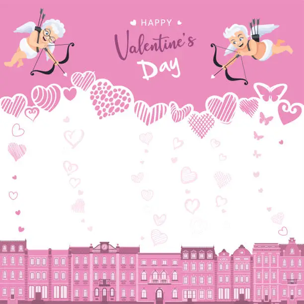 Vector illustration of City of Love. Valentine's Day greeting card template. Happy Cupids.