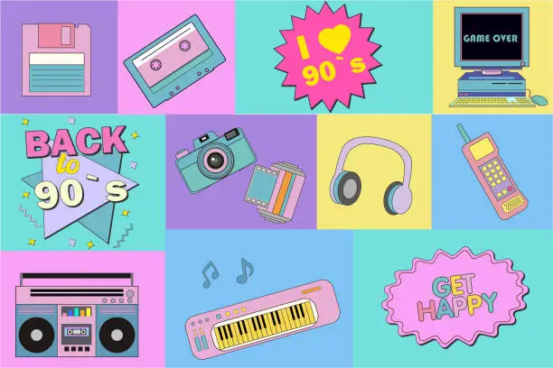 Vector illustration of Set of colorful retro elements 80s 90s. Collection of 90s elements: old pc, phone, audio player, cassette, CD, floppy disk, roller skate. Geometric poster in pop art style. Retro set of 80s 90s