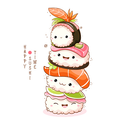Stack of cute sushi and rolls in kawaii style with smiling faces. Japanese traditional cuisine dishes. Can be used for t-shirt print, sticker, greeting card, menu design. Vector illustration EPS8