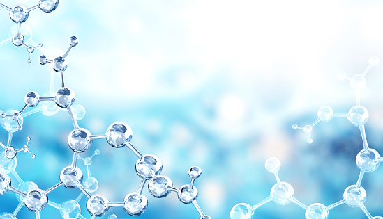 Horizontal banner with model of abstract molecular structure. Background of blue color with glass atom model. Copy space for your text. 3d render