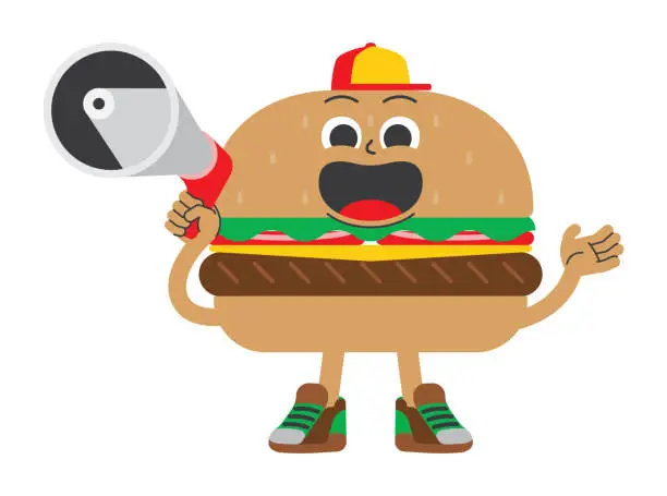 Vector illustration of Burger Mascot Holding Megaphone Speaker Cheeseburger Cartoon Character