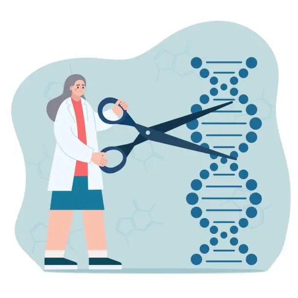 Vector illustration of Female scientist engaged in DNA helix sequencing