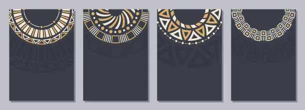 Vector illustration of Set of flyers, posters, banners, cards, placards, brochure design templates A6 size with round color tribal ornaments.