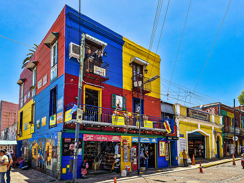 Buenos Aires, Argentina - Dec 16, 2023: Colorful buildings in Caminito street in La Boca neighborhood at Buenos Aires, Argentina. It was a port area where Tango was born