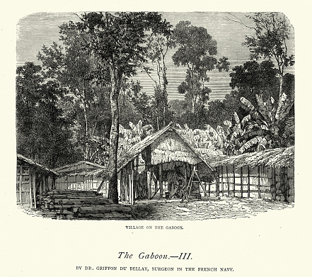 Vintage illustration Village on the Gaboon, History of Africa, 19th Century. Dr Griffon Du Bellay, Surgeon in the French Navy