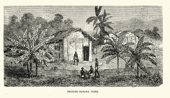 Vintage illustration Fetiche Banana Trees, Gaboon, History of Africa, 19th Century. Dr Griffon Du Bellay, Surgeon in the French Navy.