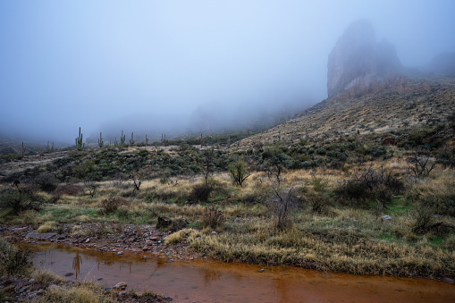 Dense fog descends upon Picketpost Mountain in Tonto National Forest