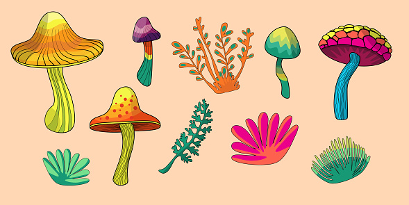 Vector set in simple flat retro style of bright neon magic mushrooms of fancy shape and magic plants on a peach background.