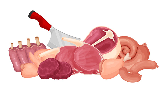 Composition of various types of raw meat and chicken meat. For advertising and signage. All elements are isolated.