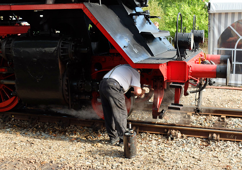 Loenen, Netherlands Sep 8 2019 A volunteer is carrying out the final inspection before this steam locomotive can drive away