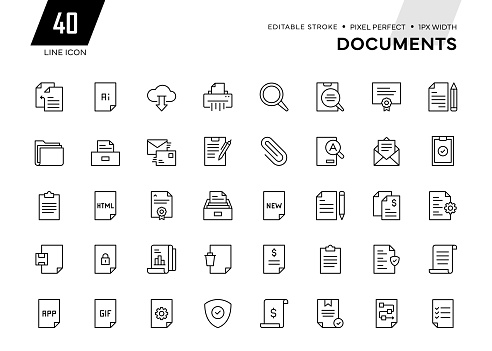 Documents Line Series. Pixel Perfect - Editable Stroke - 32 Pixel width