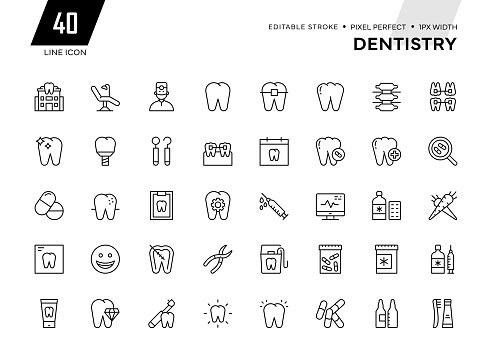 Dentistry Line Series. Pixel Perfect - Editable Stroke - 32 Pixel width