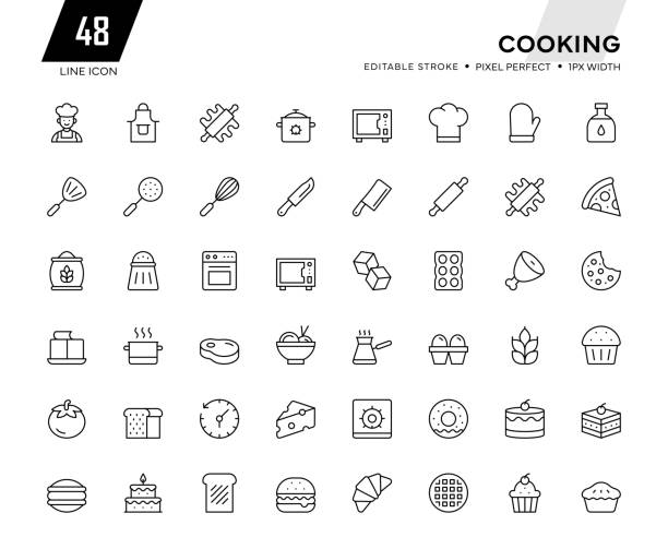 Cooking Line Icon Collection Cooking Line Series. Pixel Perfect - Editable Stroke - 32 Pixel width black and white kitchen sink stock illustrations