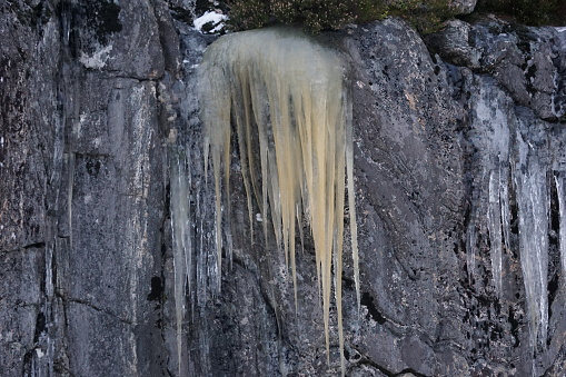 Icicles on a cliff wall.