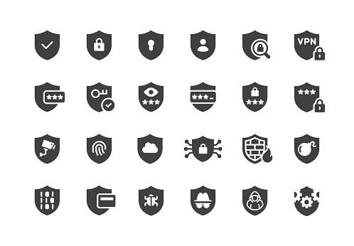 Shield data icons. Filled style. Vector illustration.