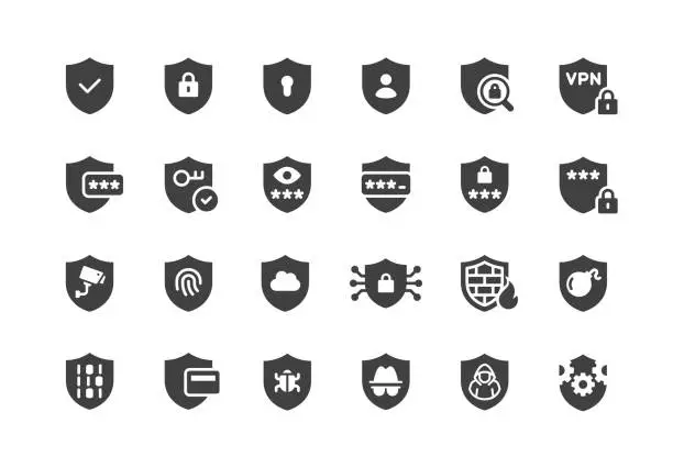 Vector illustration of Shield data icons. Filled style.
