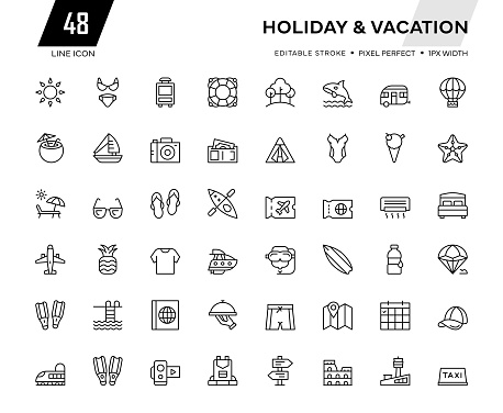 Summer Holiday Line Icon Set contains such icons as Swimming, Sailing, Camera, Ancient, Backpack, Surfing, Hot Air Balloon, Passport and so on.