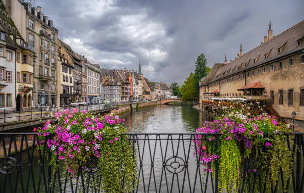 View from the bridge Pont du Corbeau over the river Ill in the city of Strasbourg, France