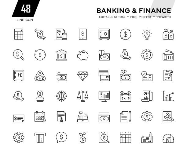 ilustraciones, imágenes clip art, dibujos animados e iconos de stock de colección de iconos de líneas bancarias - cash register wealth coin currency