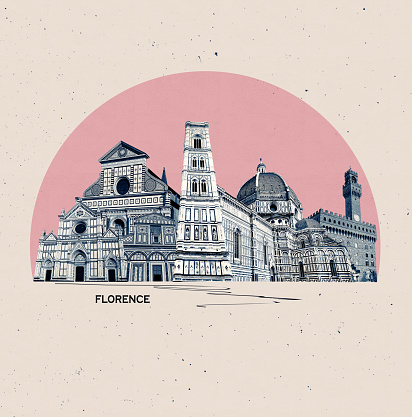 Collage of landmarks of Florence, Italy. Basilica of Santa Maria del Fiore or Basilica of Saint Mary of the Flower in Florence, Italy. Art design
