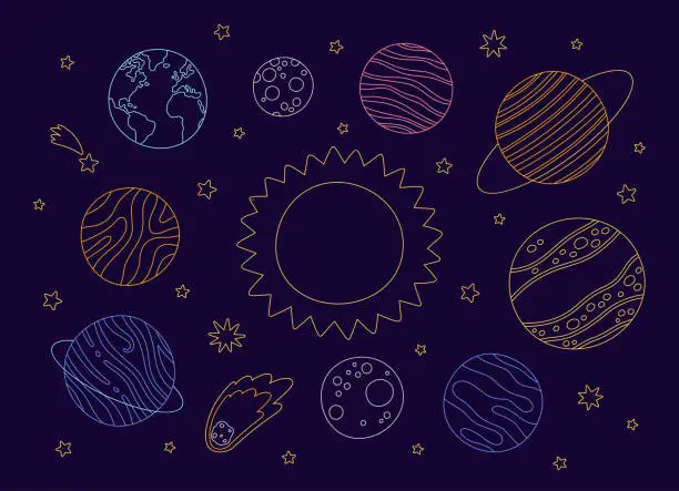 Vector illustration of Vector set of linear color illustrations of planets of the solar system on a dark blue background