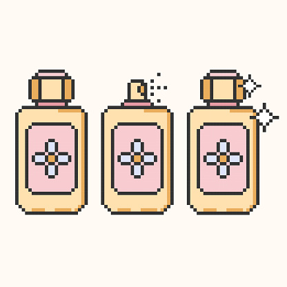 Set of perfume pixel art icons.Eau de toilette.Perfume spray container isolated on beige background.Vector illustration EPS 10.
