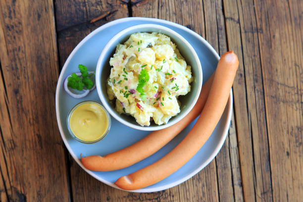 Potato salad with sausages and mustard