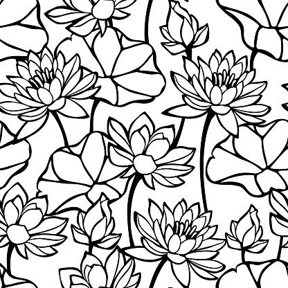 Seamless floral pattern with lotus flowers and leaves. Black and white line art pattern. Vector floral print