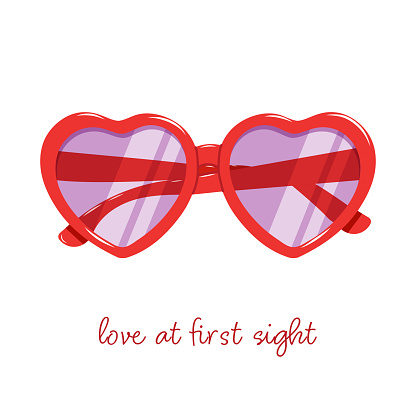 Hand drawn vector illustration of sunglasses in heart shaped frames. Romantic doodle sketch in color for valentine's day.