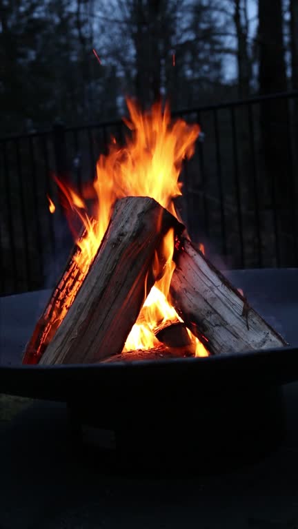 fire burning in fire pit (wood logs ablaze with orange flames) outdoor camping, relaxing scene