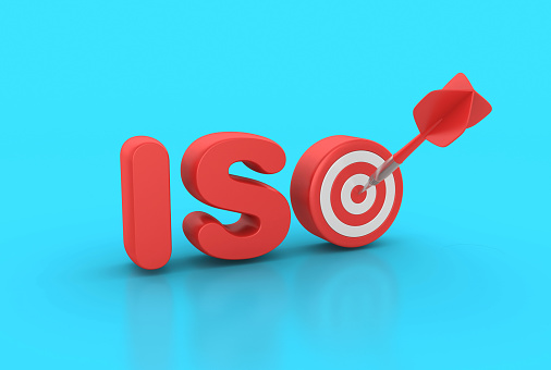 ISO 3D Word with Target and Dart - Color Background - 3D Rendering